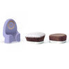 Lavender purple colored Yubi Buff and Blend Duo handle sitting next to velvety soft brown and white-tipped brush and sponge attachments.